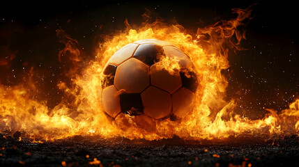 Naklejka premium Fiery Football Ignites on Dark Ground Passionately and Dramatically