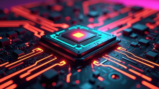 Abstract Close-Up of a Glowing Circuit Board with Central Processing Chip

