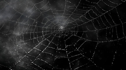 Fototapeta premium Spiderweb Glistens: Dewdrops Catch Light on Intricate Silk Strands in Nature