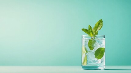 Refreshing Iced Mint Drink Photo: Close-up View Against Teal Background. AI Generated