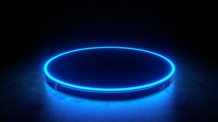 Futuristic blue neon circle platform on dark background.