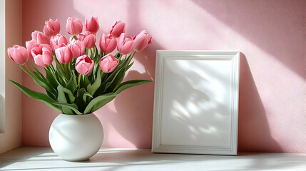 Pink Tulips in a White Vase Beside a Blank Picture Frame on a White Table with Pink Wall Background