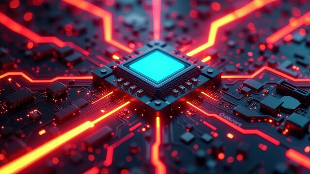 Abstract Close-Up of a Glowing Circuit Board with Central Processing Chip

