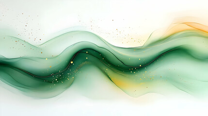 Abstract Green and Gold Fluid Art Background with Wavy Lines and Golden Specks
