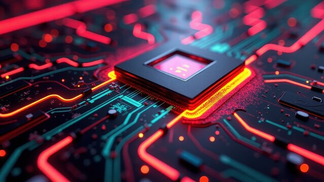 Abstract Close-Up of a Glowing Circuit Board with Central Processing Chip

