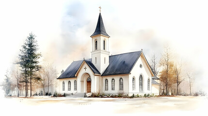 Church Stands Serenely Amidst Winter Landscape and Trees Peacefully