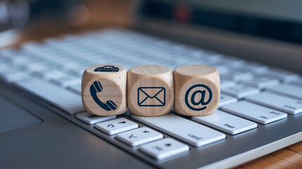 Wooden blocks featuring phone, email, and at-symbol icons placed on a computer keyboard, symbolizing modern communication methods in business and technology
