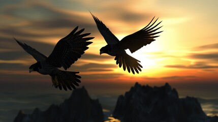 Naklejka premium Two falcons in flight at sunset over mountains.