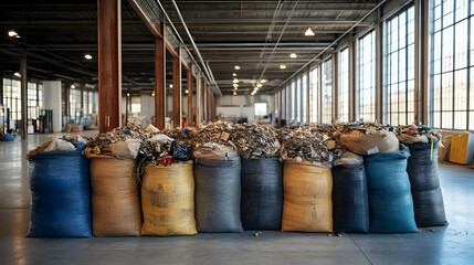 Large Bags Filled with Mixed Waste Material Await Processing in a Recycling Facility