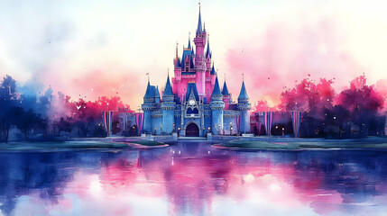 Obraz premium Fairytale Castle Reflects in Water, Pink and Blue Hues