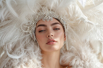Fototapeta premium Elegant woman wearing a luxurious white feathered headdress adorned with pearls, showcasing beauty, glamour, and sophistication in soft, natural lighting