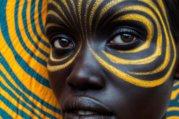 Close-up portrait of a young Black woman with striking yellow and black face paint, vibrant artistic patterns, and a bold abstract background, celebrating cultural and creative expression