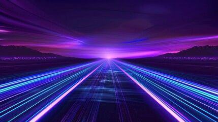 Purple speed lines stretch toward a distant horizon, mountains in the background.