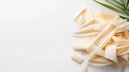 High-Angle Photo: Freshly Cut Palm Pieces Resting Elegantly on White Surface. AI Generated