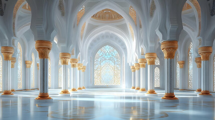 Obraz premium Grand Hall Shines: White Pillars, Arched Windows, Marble Floor Reflect Light Beautifully