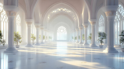 Obraz premium White Hall Pillars Illuminate Majestically with Sunlight Streaming Through Windows