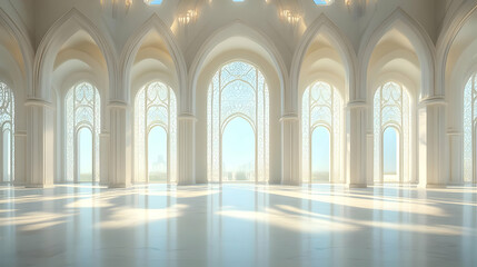 Fototapeta premium White Architecture Meets Sunlight: Grand Hall with Ornate Windows Elegantly Illuminated