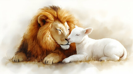 Obraz premium Lion and Lamb Lie Together Peacefully in Harmony