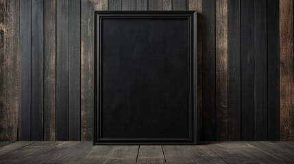 A blank black frame is set against a rustic wooden background, highlighting simplicity and elegance in design.