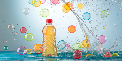 Filled with water and fresh fruit slices, including strawberries and kiwis, the bottle resists dynamic water drops. The bright colors of the fruit stand out, it is refreshing and healthy.AI generated.