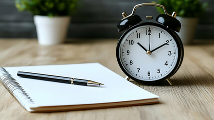 Black Alarm Clock, Pen, and Notepad on Wooden Table Efficiently Organize Your Time and Tasks.