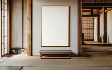 Fototapeta premium White poster framed in brass, set against an image of a traditional Japanese home with tatami mats and sliding doors, symbolizing simplicity, serenity, and the beauty of cultural architecture