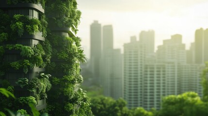 A lush, green building contrasts with a modern cityscape, showcasing urban nature and sustainability in architecture.