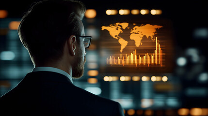 A professional analyzing data with a glowing world map and graphs in a high-tech environment.