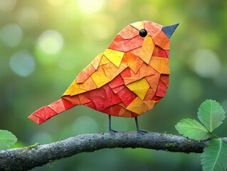 A colorful origami-style bird perched on a branch, blending art and nature.