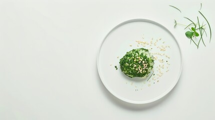 Creamy herb cheese ball on white plate, garnished with sesame seeds and chives.