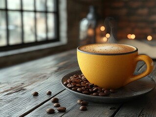A cozy coffee scene featuring a yellow cup on a wooden table with coffee beans.