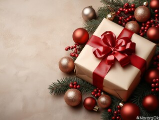 A festive gift box adorned with a red ribbon, surrounded by ornaments and greenery.