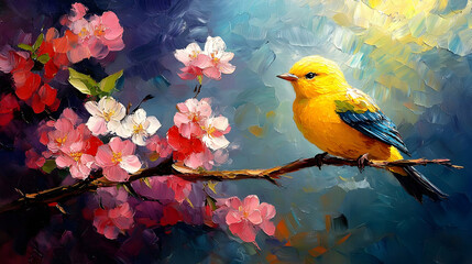 Yellow Bird Perches Gracefully on Blossoming Branch with Pink and White Flowers