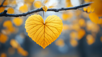 Obraz premium Golden Heart-Shaped Leaf Dances on a Branch in Autumn's Embrace