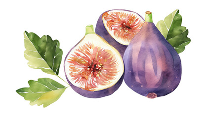 Watercolor illustration of fresh figs and leaves on transparent or white background