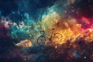 A cyclist rides through a swirling cosmic nebula towards light.