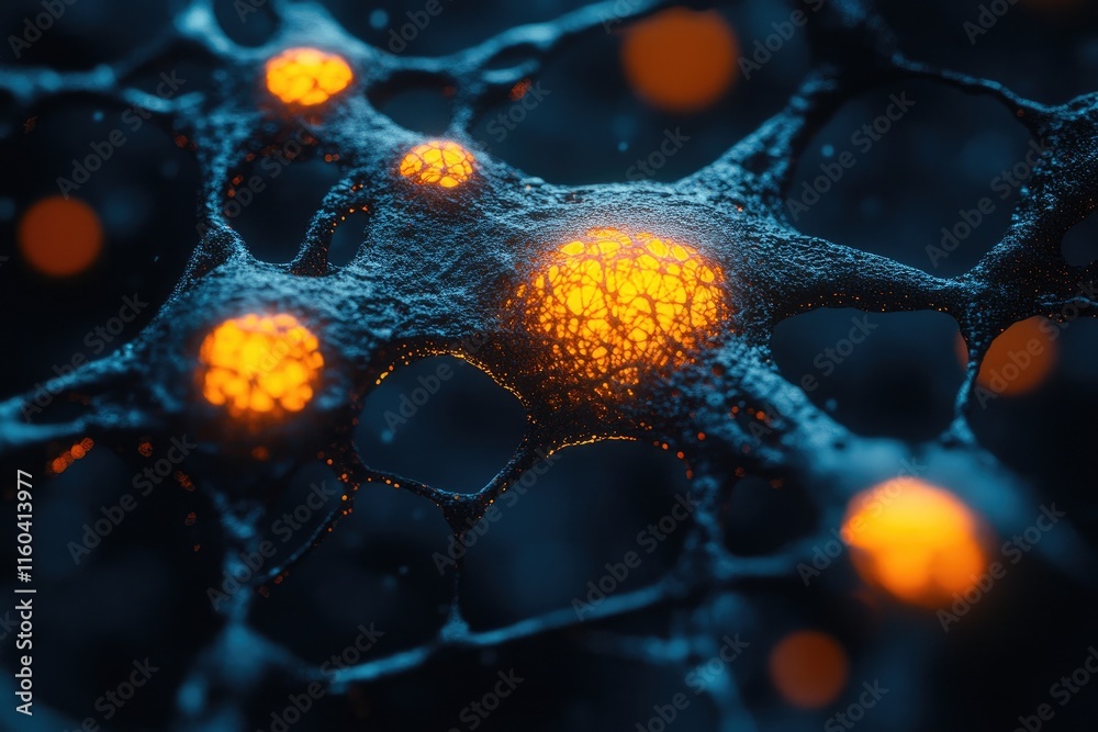 Poster Abstract molecular network illuminated by glowing nodes, resembling interconnected complex patterns.