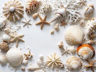 A collection of seashells and starfish arranged artistically on a light background.