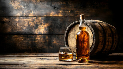 Glass and Bottle of Aged Alcohol Resting by a Wooden Barrel on Rustic Table