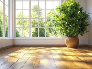Fototapeta premium A bright, serene interior featuring large windows and a potted plant on wooden flooring.