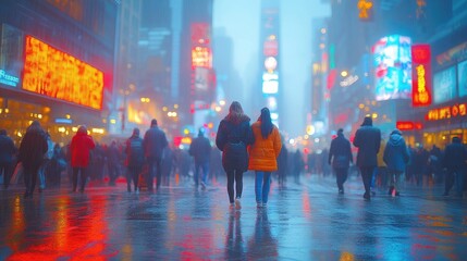 A rainy city night scene with people walking among bright neon lights reflecting on the street.