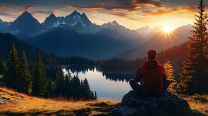 Man Sits on Rock Overlooking Scenic Mountain Lake at Sunset with Vibrant Colors