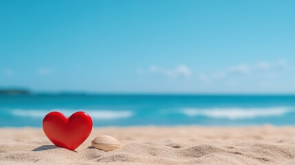 Fototapeta premium Beach backdrop with a vibrant red heart in the center providing ample copy space for text or images