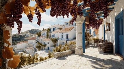 Fototapeta premium A picturesque village scene with traditional architecture and grapevines.