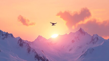 A silhouette of a snowboarder in mid-air, framed by a glowing sunset sky behind snow-capped mountains, capturing the peak of action for World Snowboard Day,