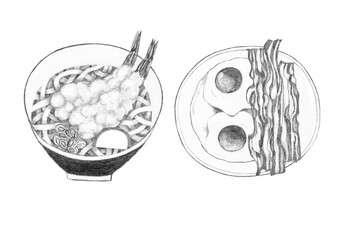 鉛筆で描いた日本のうどんとベーコンエッグのイラストレーション