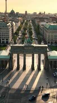 Aerial View of Brandenburg Gate (Brandenburger Tor) in the morning sunrise  - monument in Berlin, Capital of Germany