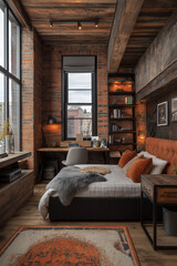 Photographie intérieure studio étudiant style industriel, murs en briques apparentes, cadre de lit en métal noir, bureau en bois récupéré, éclairage minimaliste, pour une ambiance urbaine et tendance