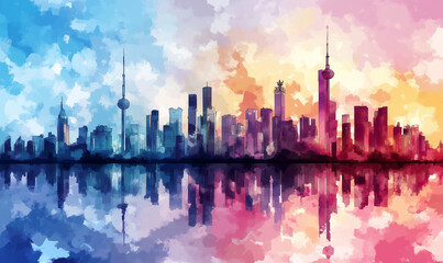 city skyline at sunset