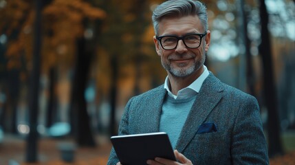Confident Man Holding Tablet in Autumn Park with Joyful Expression
